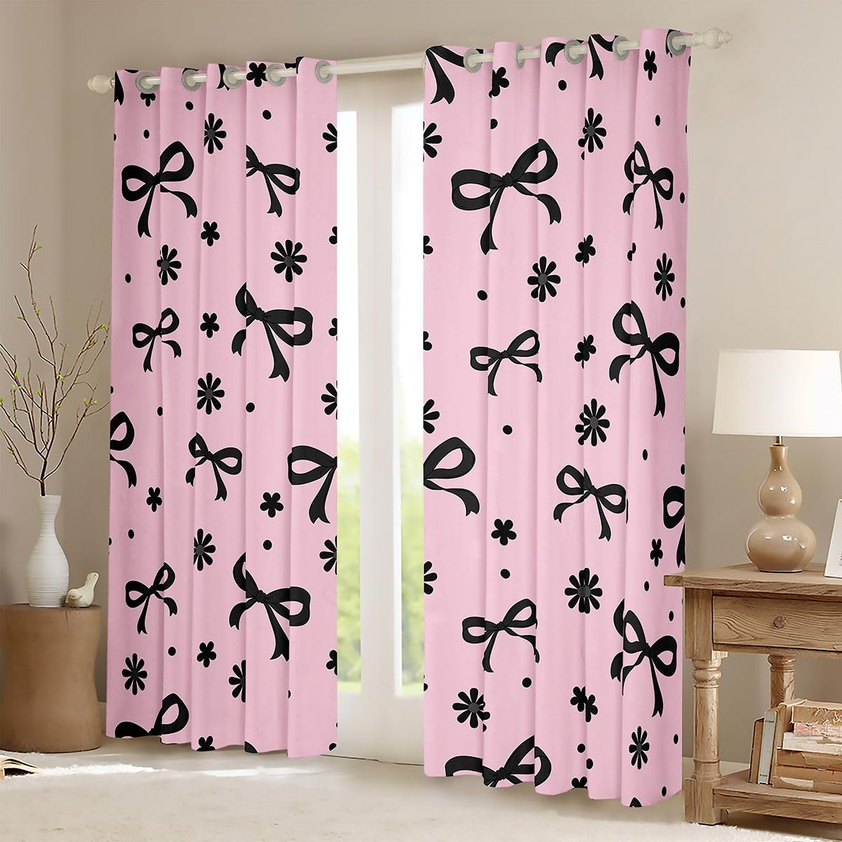 Homewish czarna różowa kokardka kawaii księżniczki zasłony okienne 117 x 137 cm, 2 zestawy paneli - kwiatowe zasłony zaciemniające kwiaty w kropki ozdoby okienne zasłony kokardka wstążka do