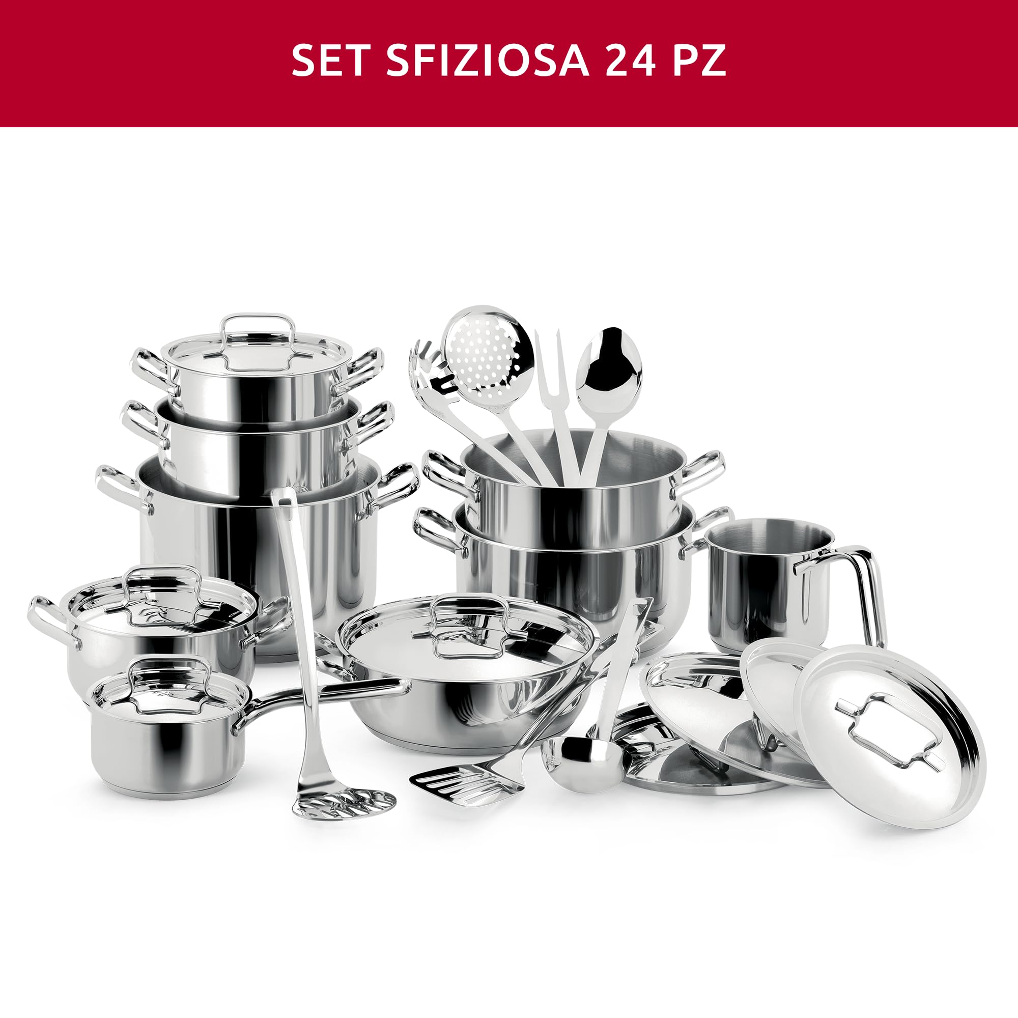 Lagostina Sfiziosa Set di Pentole Induzione, Gas e Forno in Acciaio Inox 18/10, 24 Pezzi, Fondo Lagoseal Plus, con 5 Casseruole, 3 Pentole, Bollilatte, 8 Coperchi, 7 Utensili Cucina