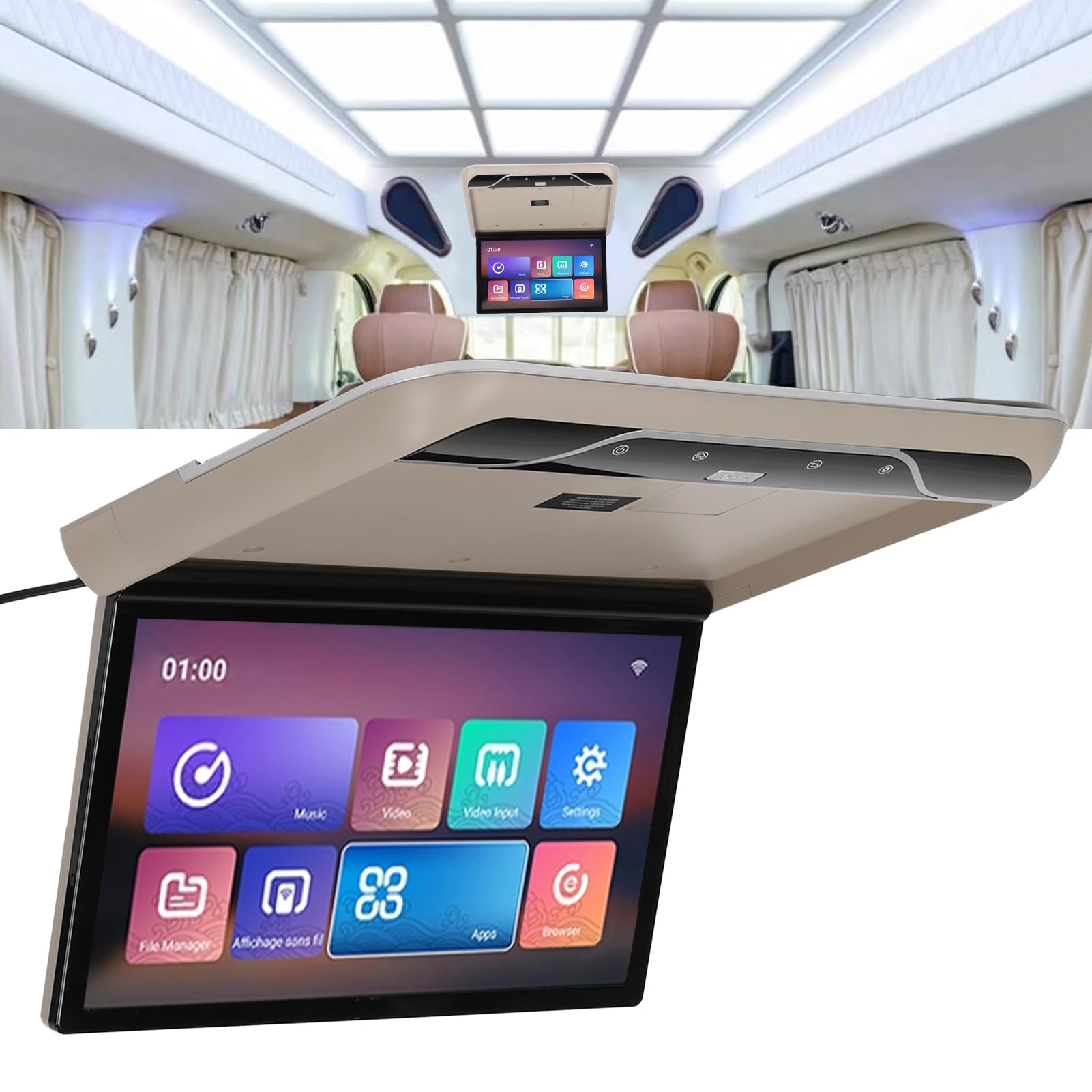 Monitor de Montaje en el Techo del Coche, Pantalla Abatible Montada en el Techo del Coche de 19 Pulgadas, Compatible con HDMI Y TV con Control Remoto Android 9.0(Beige)