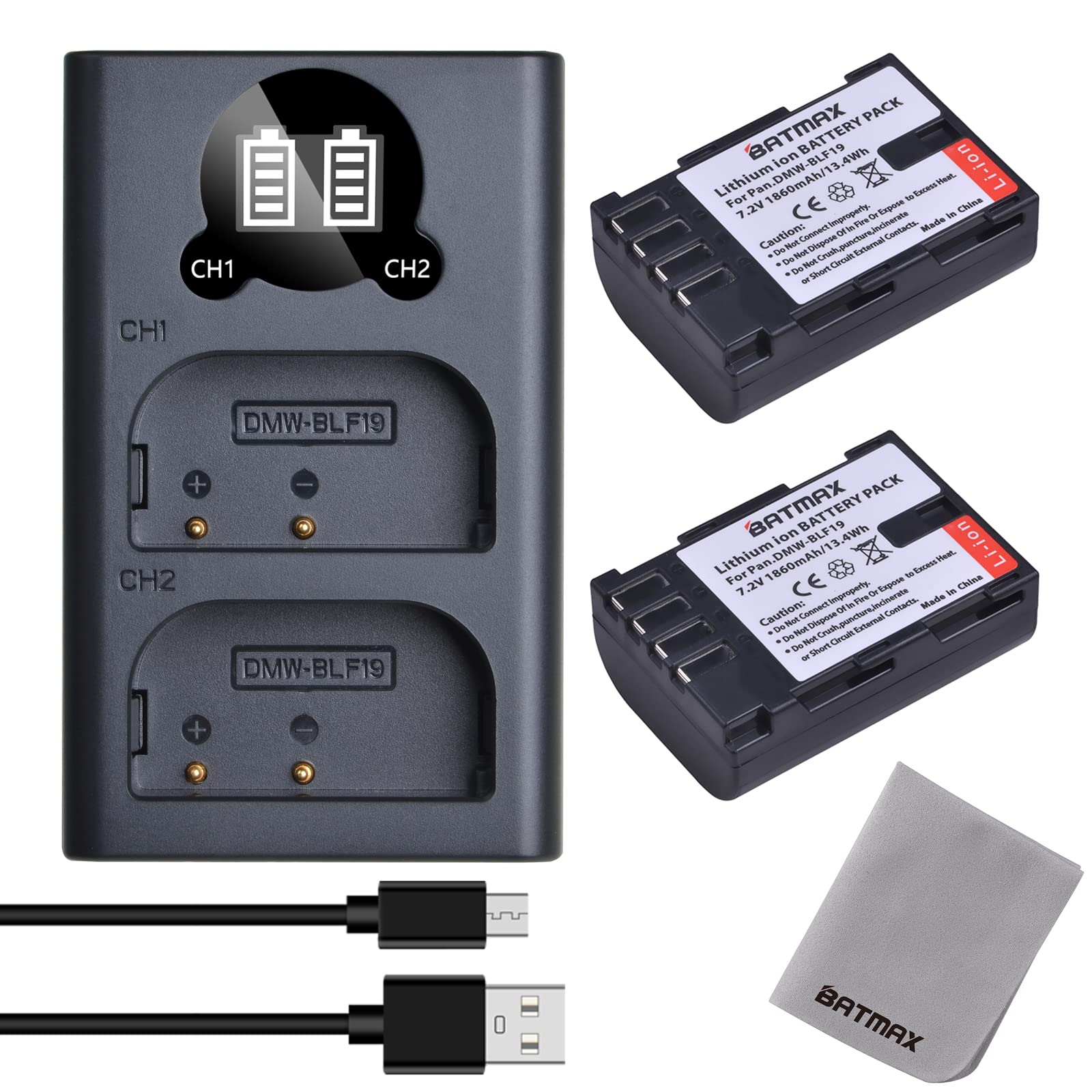Batmax Batería de cámara de DMW BLF19, Cargador USB Dual LCD, 1860mAh