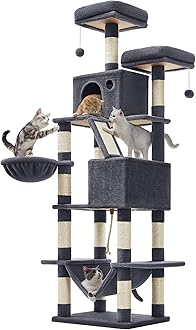 Feandrea Cat Tree, 206 cm Large Cat Tower Condo with 13 Scratching Posts, 1 Scratching Ramp, 2 Perches, 2 Caves, Basket, Hammock, Pompoms, Smoky Grey PCT190G01V1