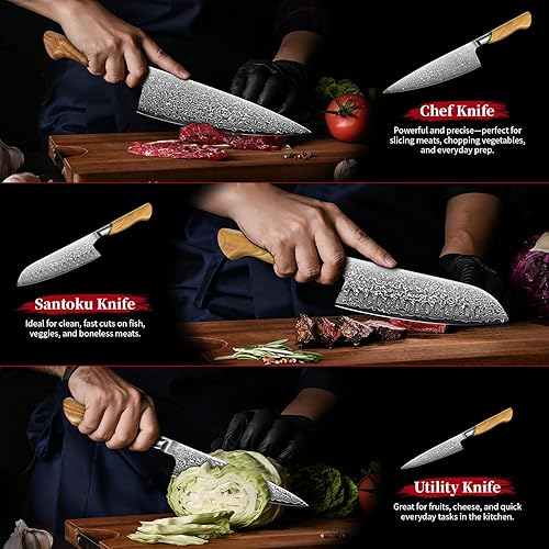 Miniatura 5 de TIVOLI Juego de cuchillos de cocina de Damasco, juego de 3 cuchillos de chef japonés, VG-10 Damasco Santoku con mango de madera de olivo, regalo