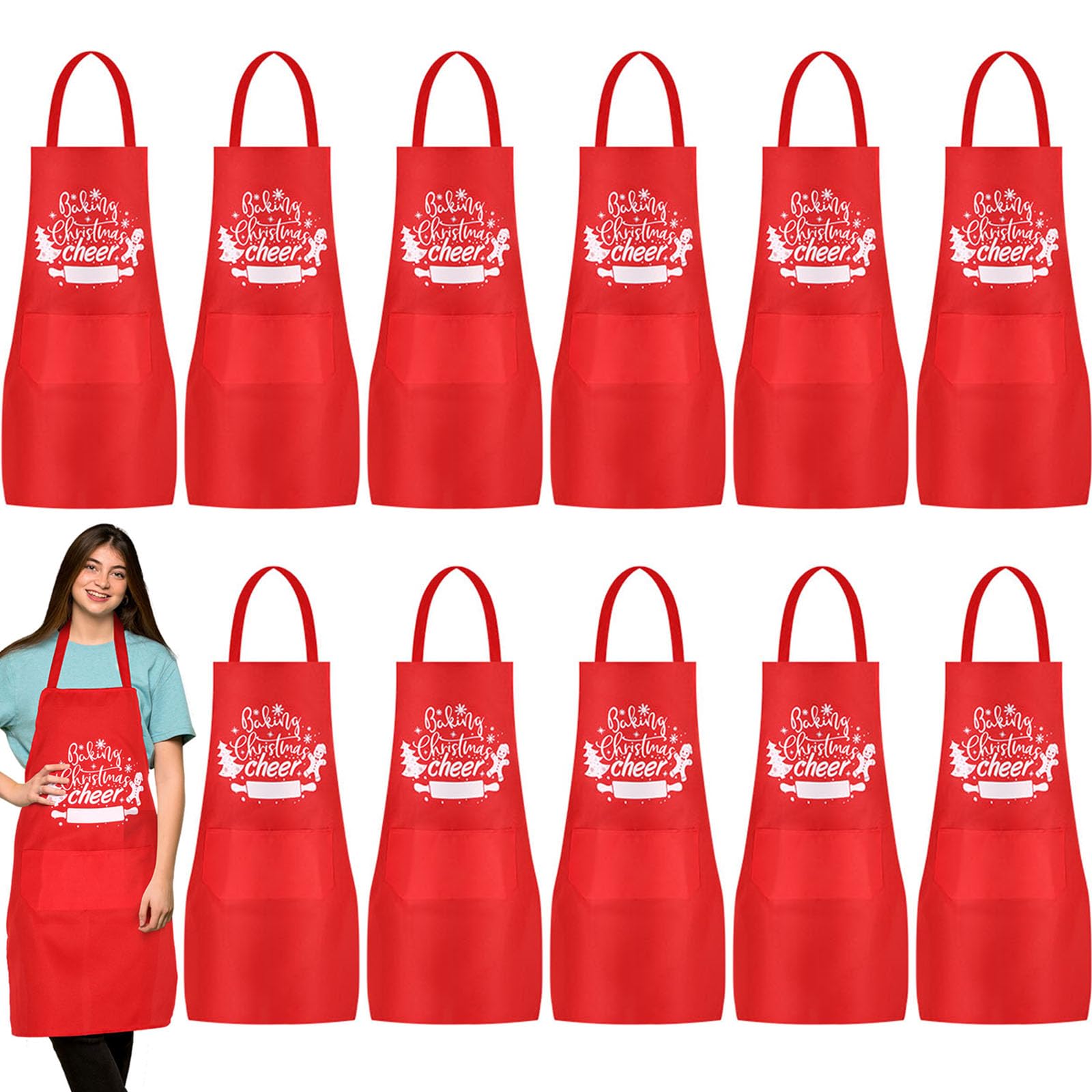 Toulite 12 delantales de Navidad para hombres con 2 bolsillos ajustables, delantal de cocina para mujer, regalos para el hogar, Rojo -, 29.5 x 25.6 inches