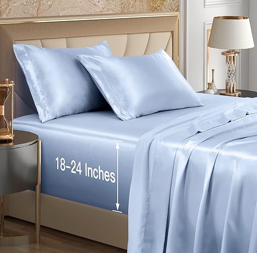 VACVELT 4pcs Extra Deep Pocket Satin Sheets Queen Size Bed