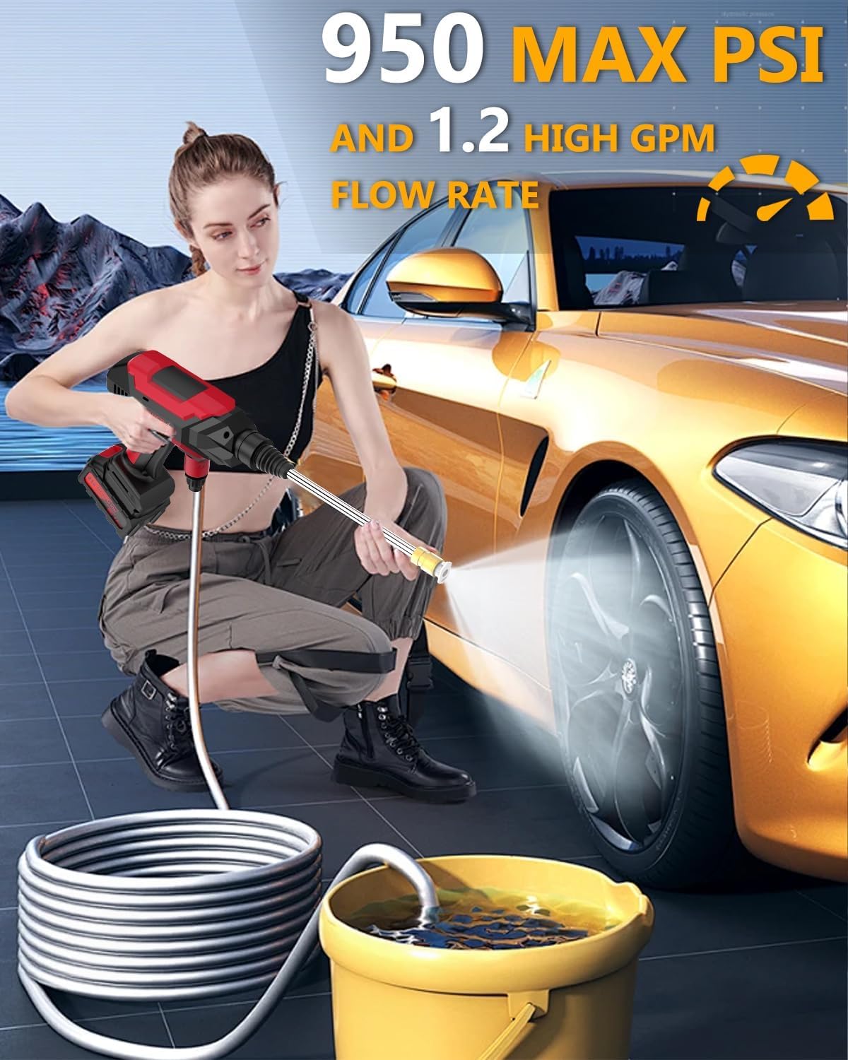 Cordless Pressure Washer, Portable Pressure Washer Battery Powered Max 950PSI, 1.2GPM with 1 * 21V 4.0Ah Rechargeable Battery, 20FT Drain Hose, Electric Power Washer for Car, Floor, Red