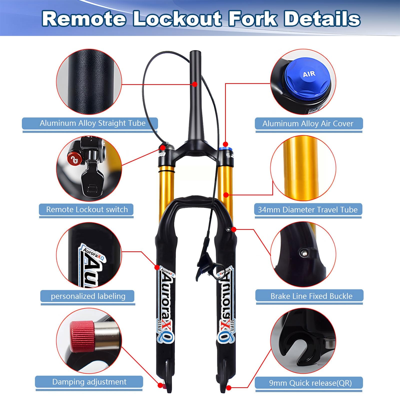Horquilla de suspensión XQ de 26/27,5/29 Pulgadas, 160 mm de Recorrido, Ajuste de Rebote QR de 9 mm, 1-1/8" de sección Recta/cónica, Delantera para MTB XC.