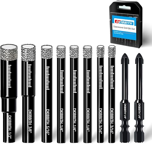 DKIBBITH 10 Pack Dry Diamond Drill Bits & Tile Drill Bit Set for Ceramic, Porcelain, Marble, Granite, Stone, Glass - Round Shank 3/16"(x2), 1/4"(x3), 5/16", 3/8", 1/2"+2 Pack Drill Bits 1/4"
