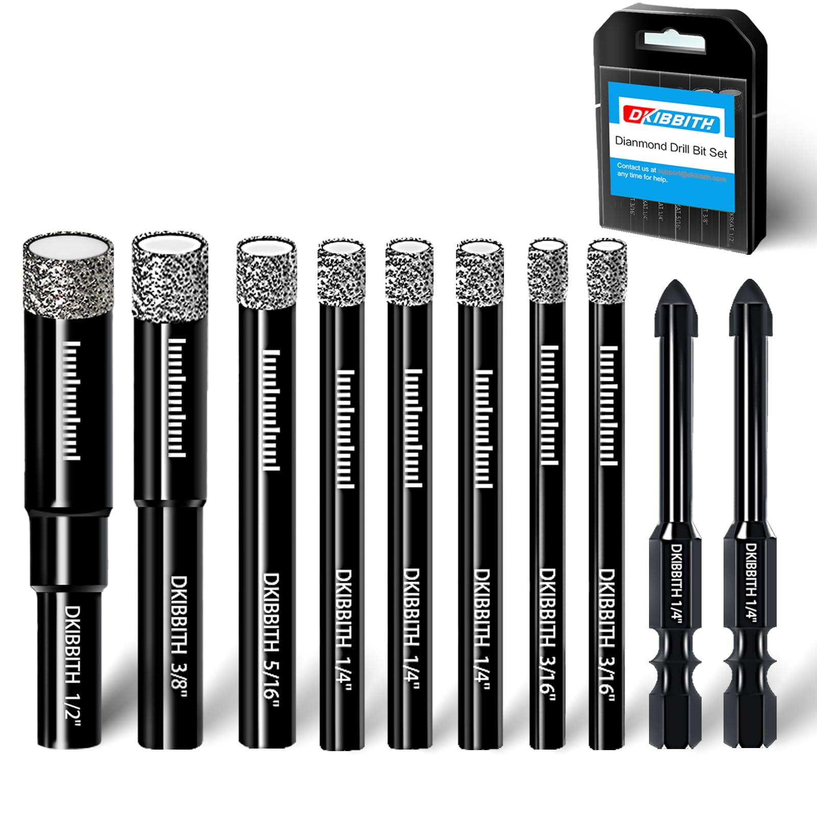 10 Pack Dry Diamond Drill Bits Set Round Shank 3/16" 1/4" 5/16" 3/8" 1/2" D148424