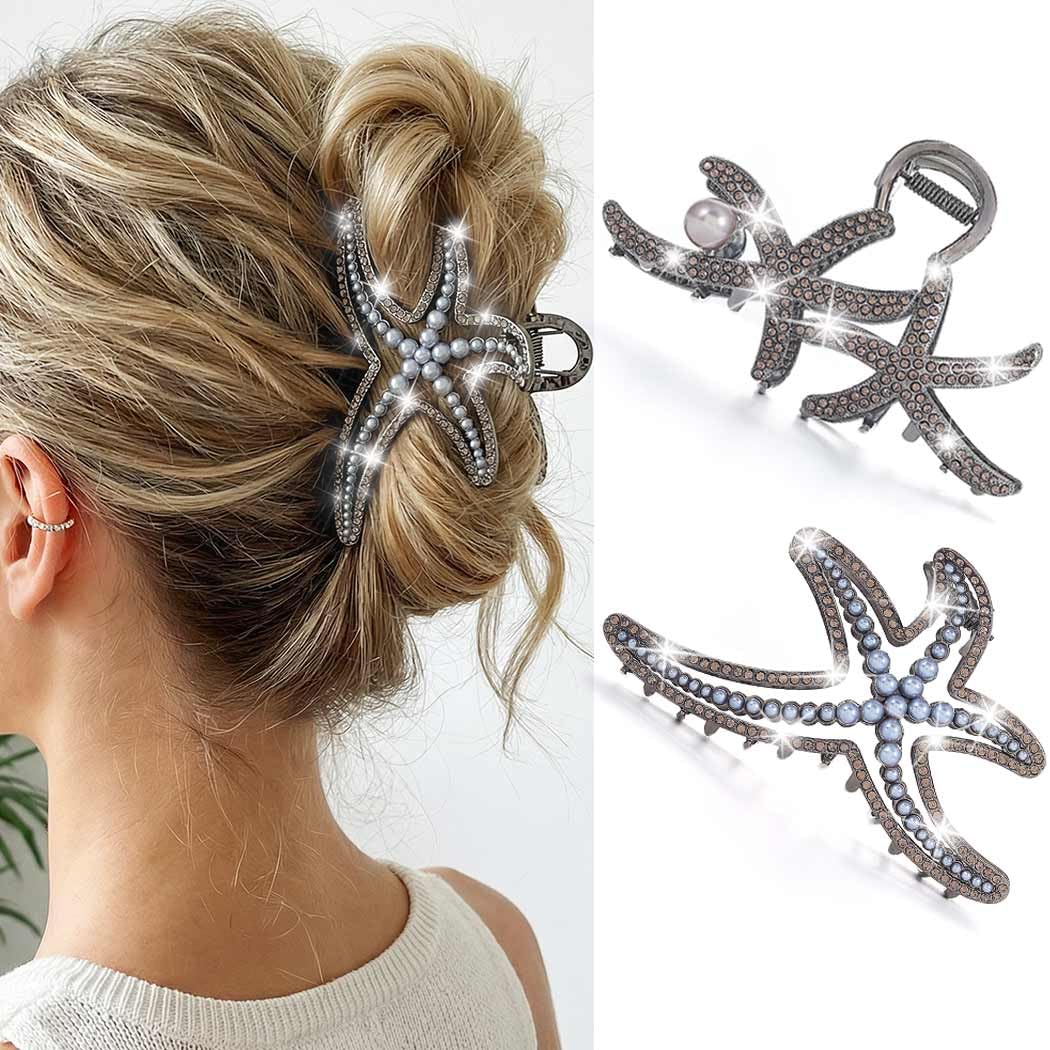 CAKURE Starfish Hair Clip Gold Large Claw Clip for Thick Hair Beach Hair Accessries for Women (Pack of 2) (a-gold&gold)
