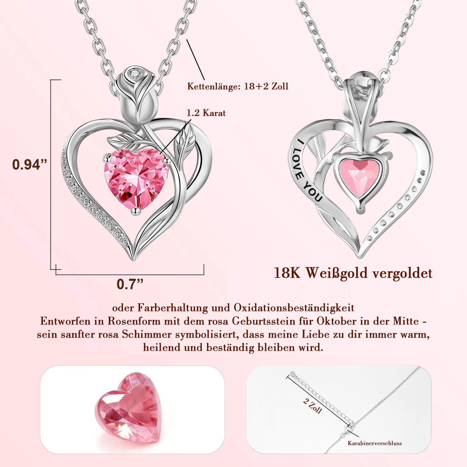 Damen Geburtsstein Halskette 925er Silber, Herzrose Anhänger.