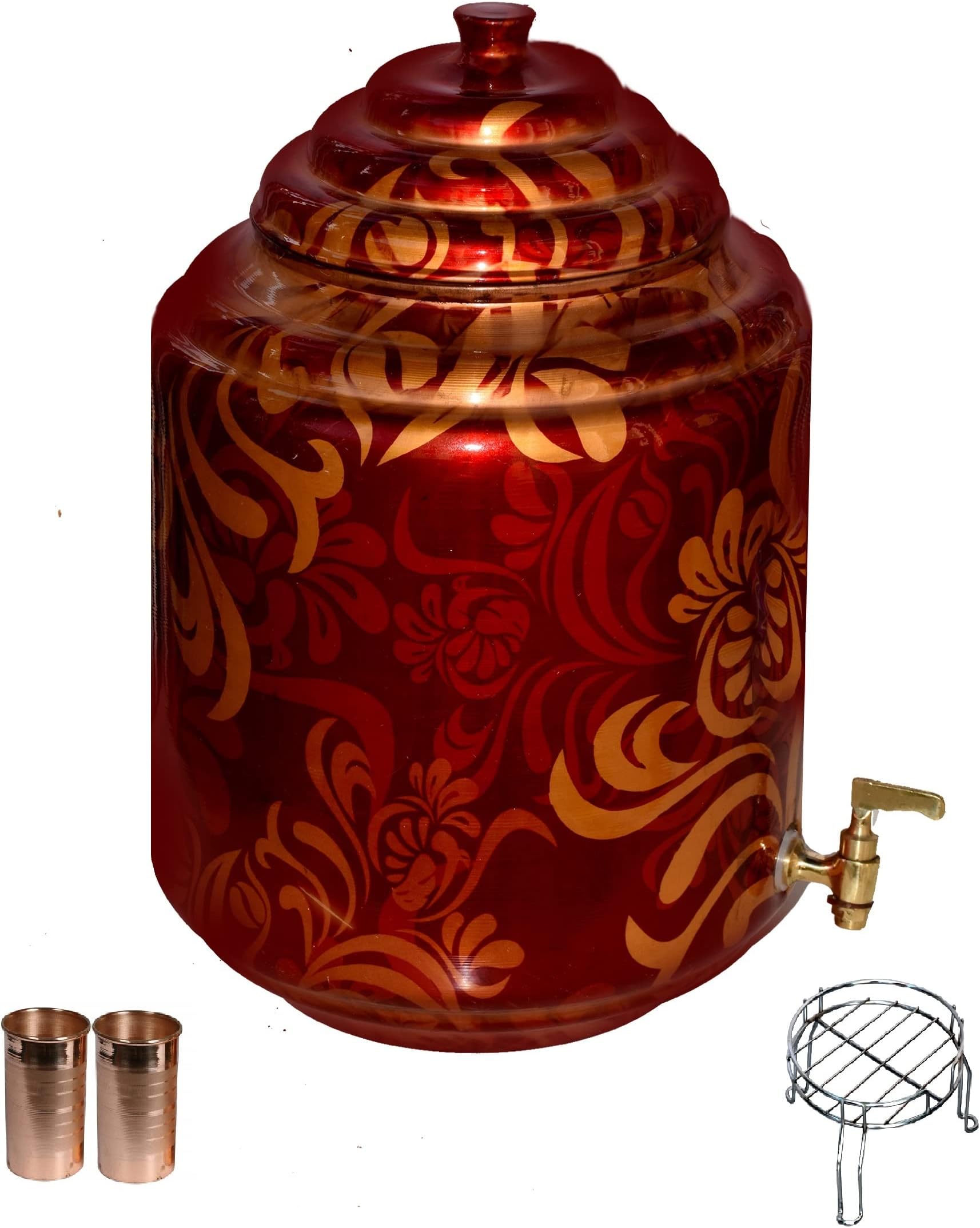 16 LITER COPPER TANK COPPER CONTAINER COPPER POT COPPER MATKA COPPER UTENSILS WITH GLASS AND STAND