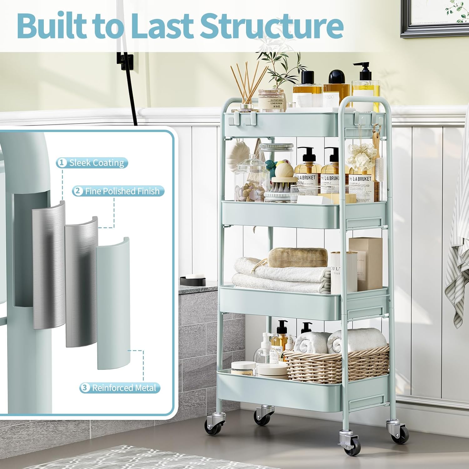 TOOLF 4-Tier Rolling Cart - Metal Storage Organizer with Lockable Wheels, 44 lbs Per Shelf Capacity, Tool-Free Assembly, for Kitchen Bathroom Office Laundry Room Nursery, Green