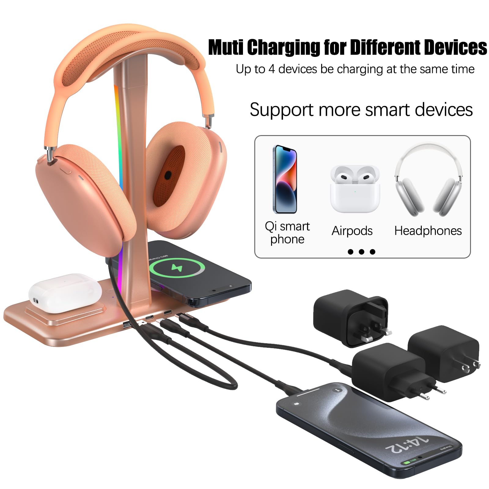 Tascaquin Supporto Per Cuffie con Caricabatterie Wireless, Per Cuffie Da Gioco con Luce RGB,Supporto Per Airpod Max Compatibile con Airpod Pro/3/2,iPhone 16/15/14/13/12/11,Regali per Giocatori (Oro)