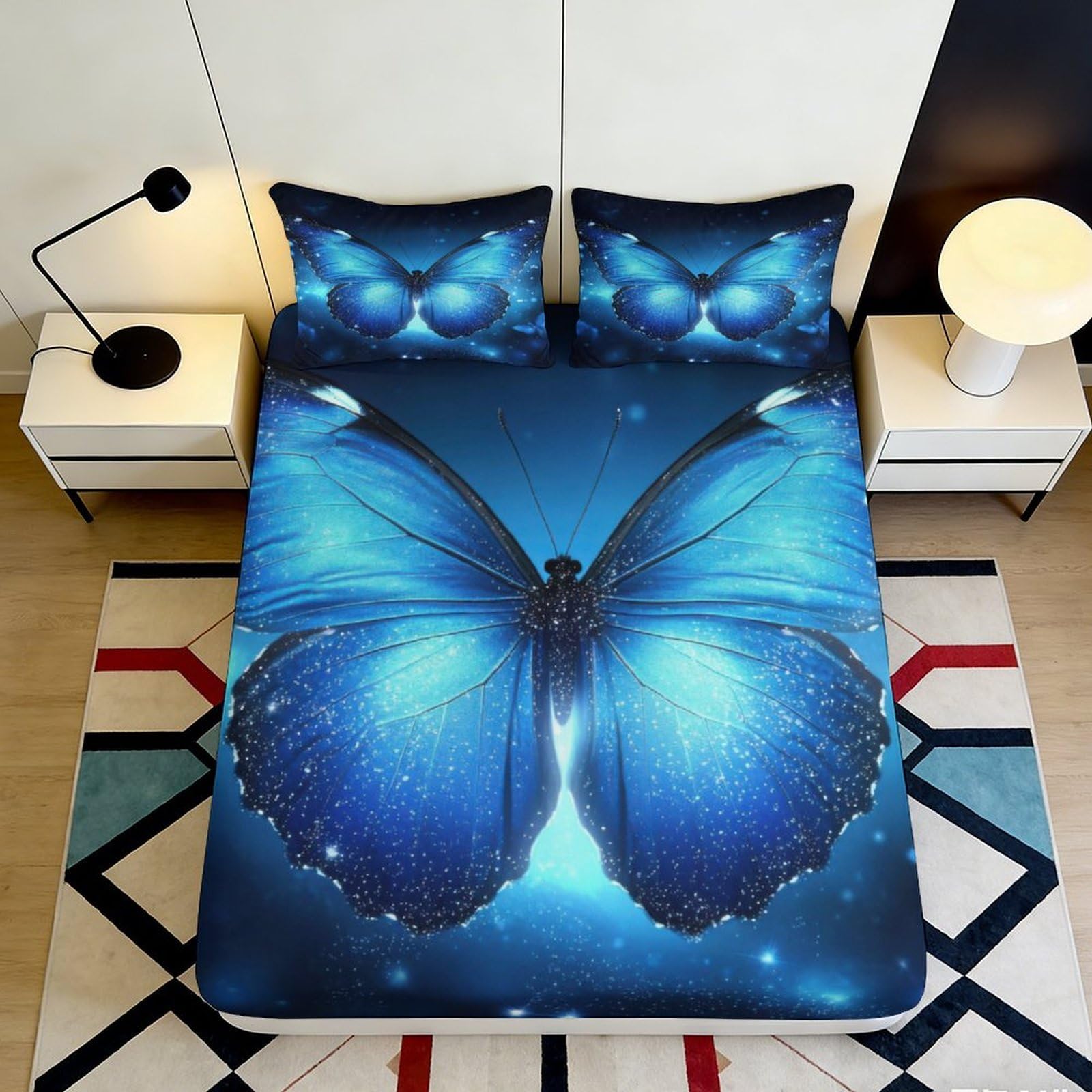 3D Printed Blue Butterfly Fitted Sheet Microfiber Soft Breathable Starry Sky Bed Cover for Bedroom Dormitory Guest Room Mattress Protection Decor 200x200x25cm
