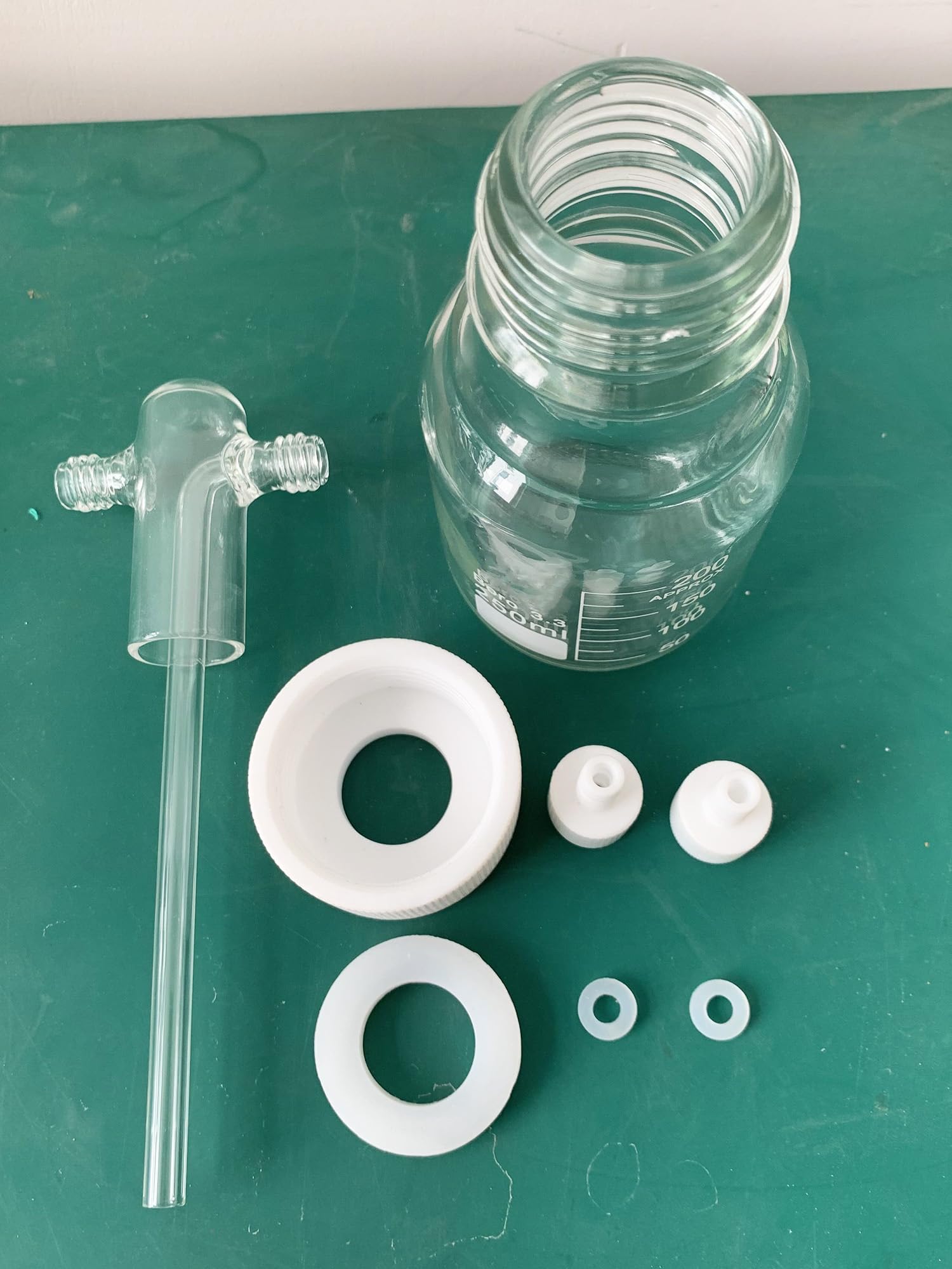 DONLAB GFD0250 250ml Lab Gas Washing Bottle,PTFE GL45 Cap,PTFE GL14 Hose Connection,Graduated Buffer Borosilicate Glass Bottle