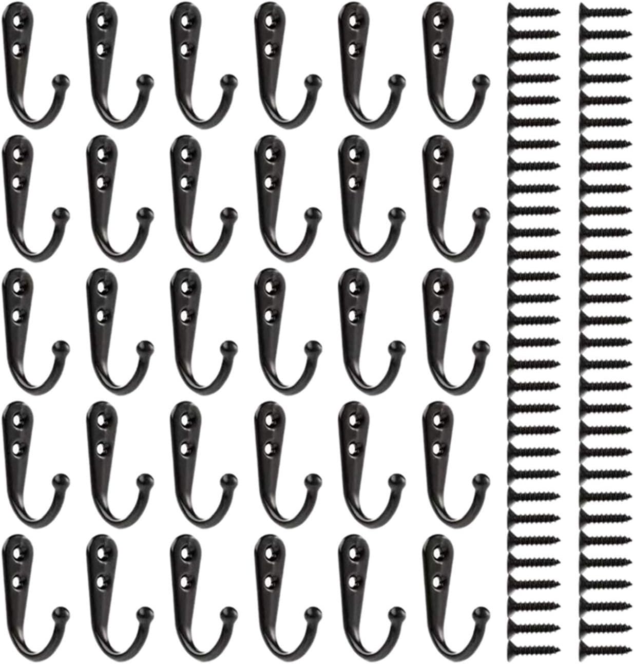 30Pcs Coat Hooks Wall Mounted Robe Hook Single Coat Hanger No Scratch and 60 Pieces Screws Black Gaodpz