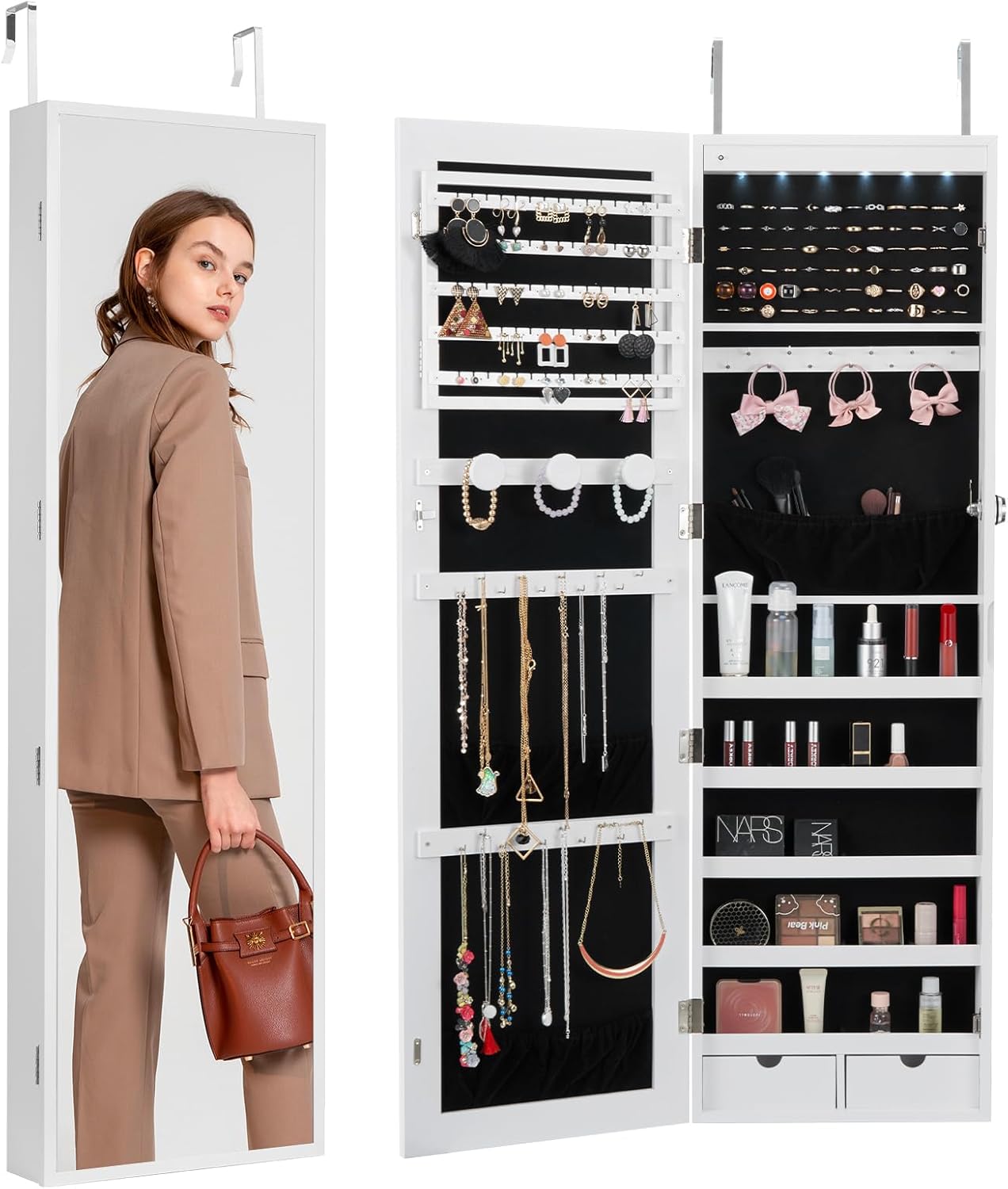 VEVOR Mirror Jewelry Cabinet, 47.2-Inch Tall Lockable Jewelry Armoire with Full-Length Mirror, Wall/Door Mounted Organizer with LED Lights and Velvet Lining, White White 47.2 Inch