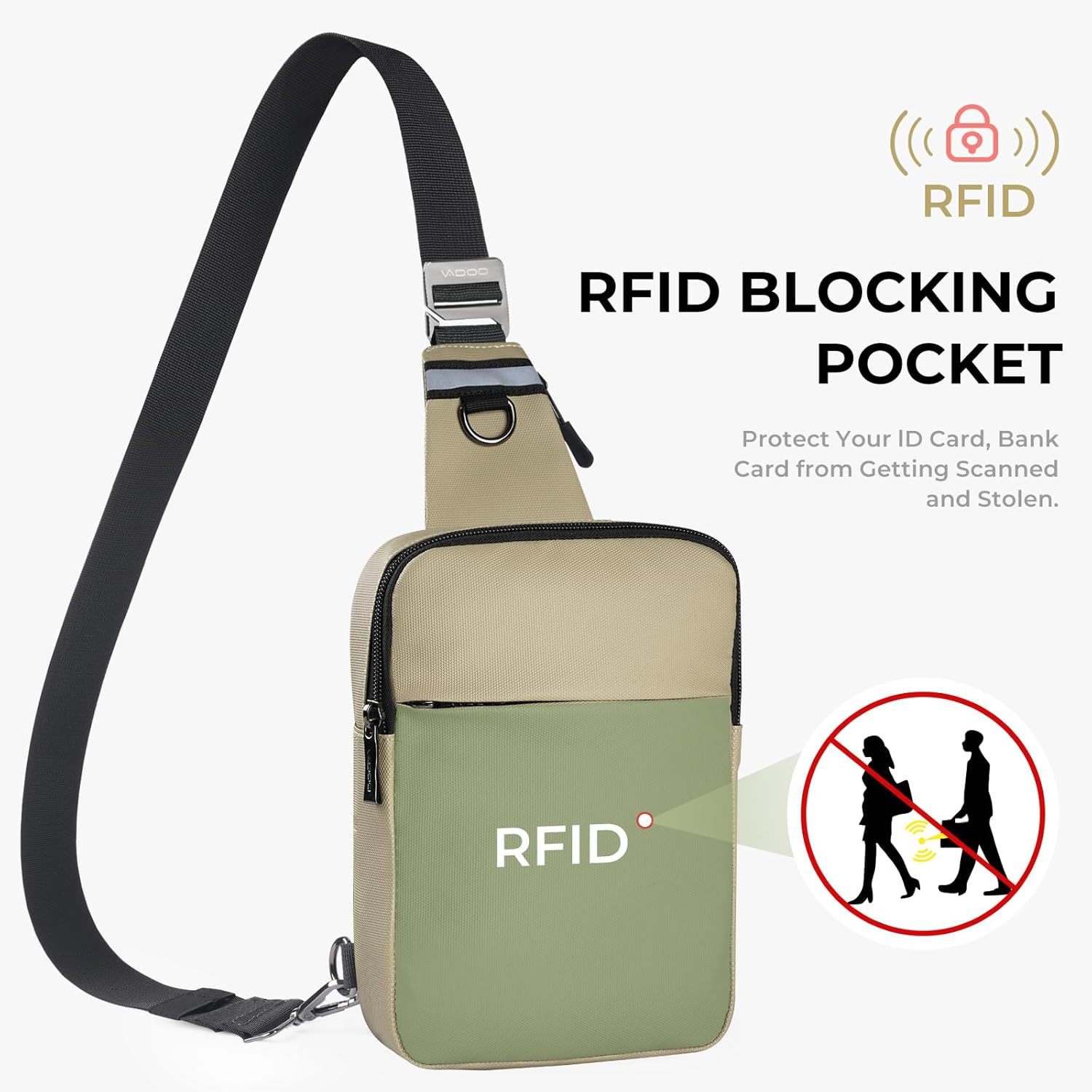 VADOO Sling Bag, Crossbody Bags with RFID & Water Resistant for Women and Men Small Faux Leather Chest Bag for Travel, Khaki - Image 3