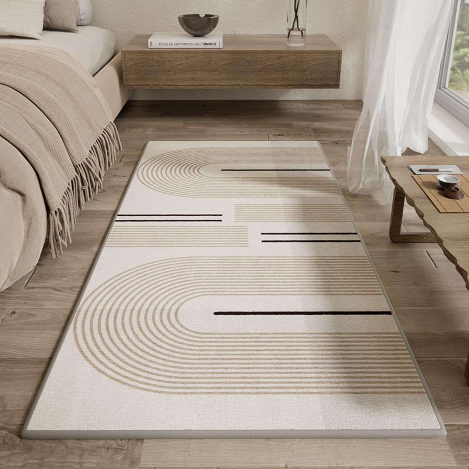Tapis de chevet épais moderne rayé en peluche pour décoration de chambre