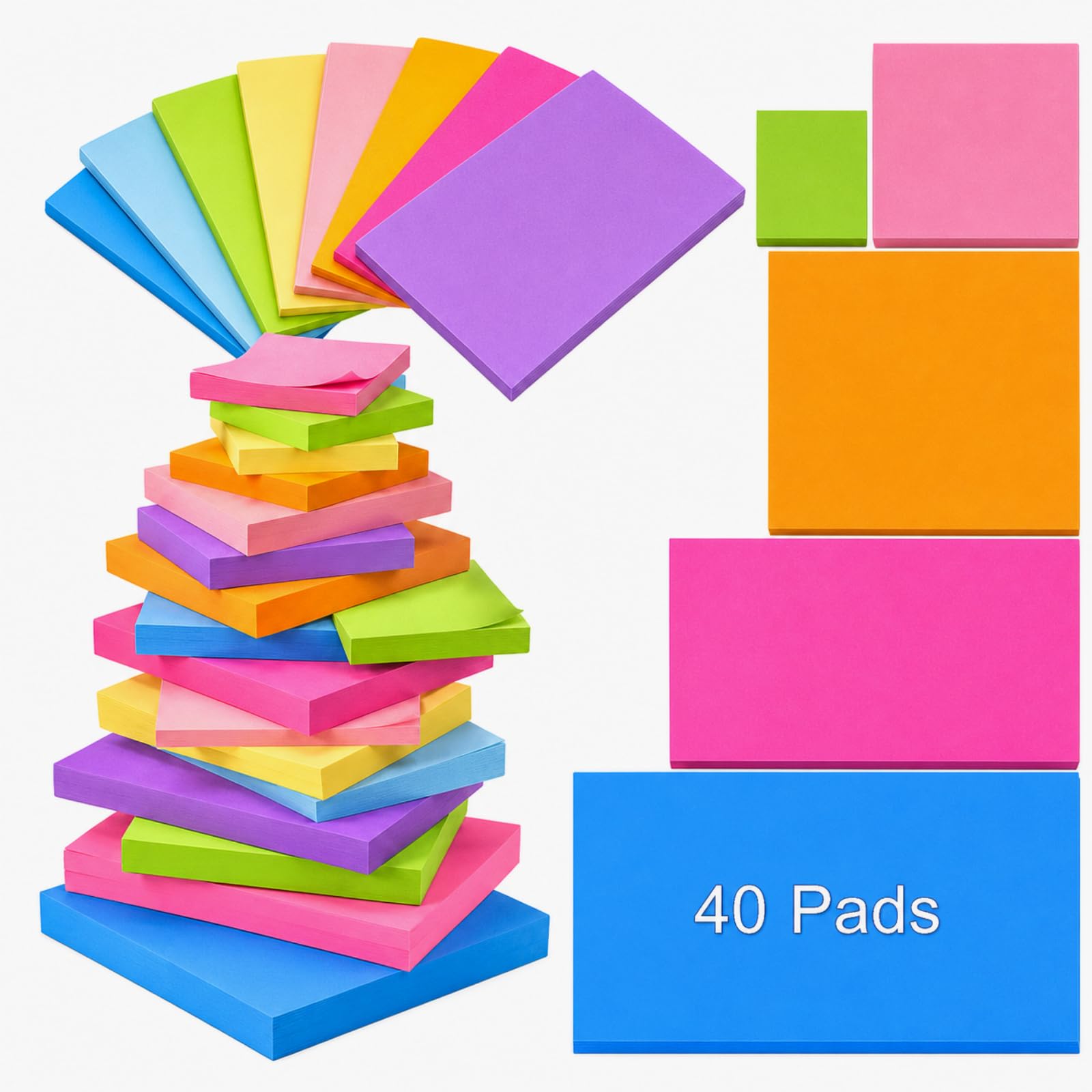 Thenshop Haftnotizen-Set, verschiedene Größen, selbstklebend, leuchtend, 8 Farben, selbstklebend, für Zuhause, Büro, Notizbuch, Schule, Post, Memos, 2000 Blatt, 40 Stück
