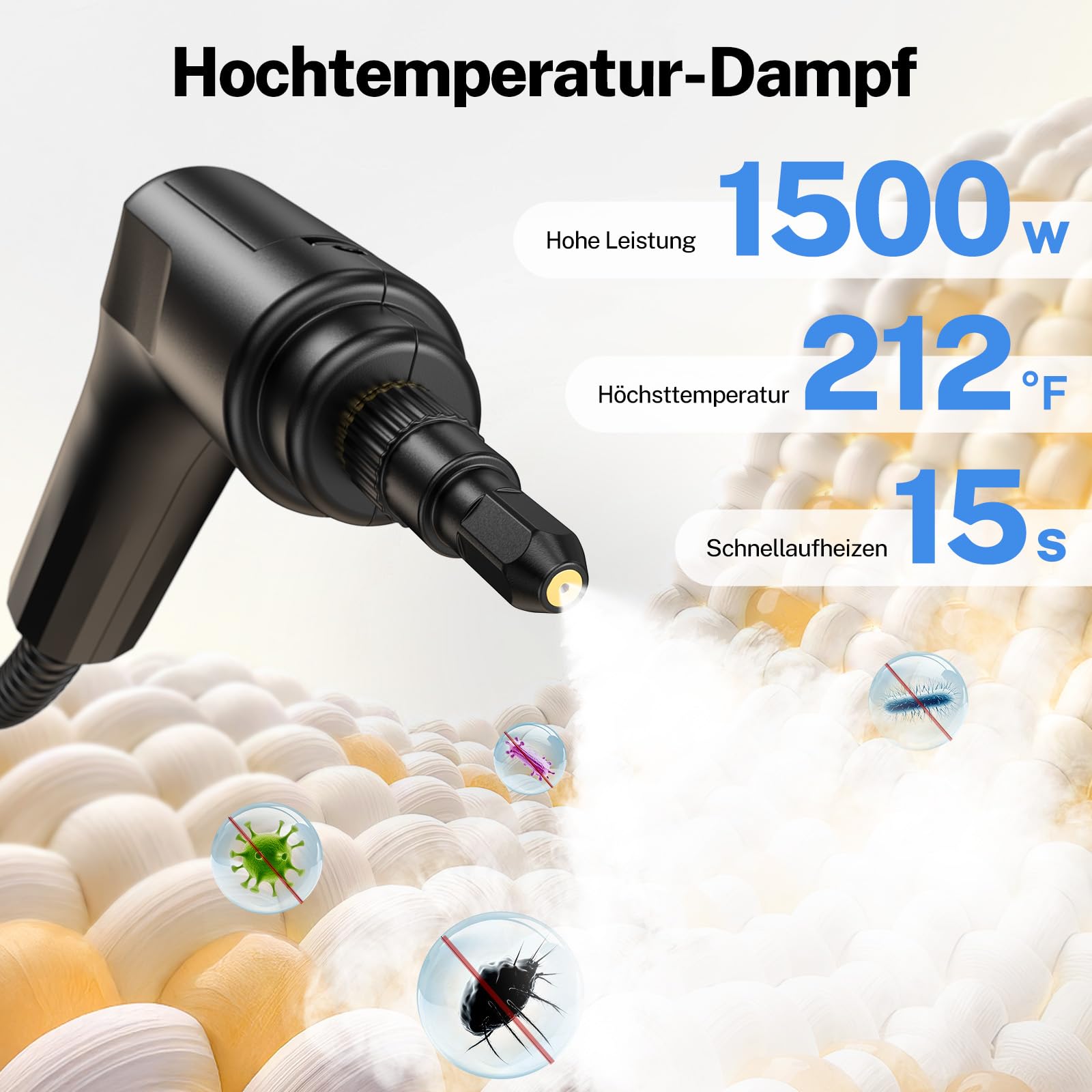 ODSD Dampfreiniger für Haushalt und Auto, 3-stufig einstellbarer Dampfreiniger, 15 Sekunden Aufheizzeit und 1,6 l großer Tank, Handdampfreiniger für Autos, Haushalt, Küche, Fenstern,Boden