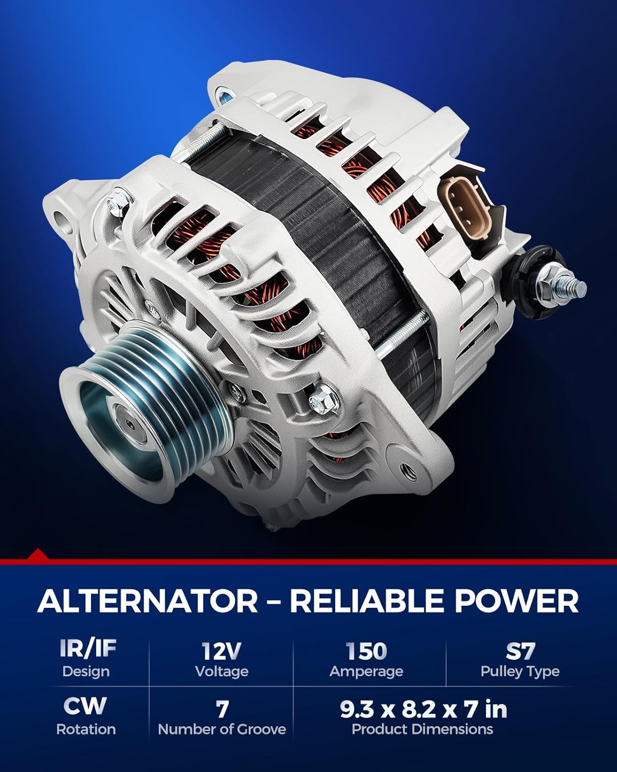 KAX 11538N Alternator Fit for Infiniti JX35 2013, QX60 2014-2016, for Nissan Murano 2015-2017, Pathfinder 2014, Pathfinder 2013-2017, L4 2.5L V6 3.5L, 12V 150Amp 7-Groove Pulley Clockwise