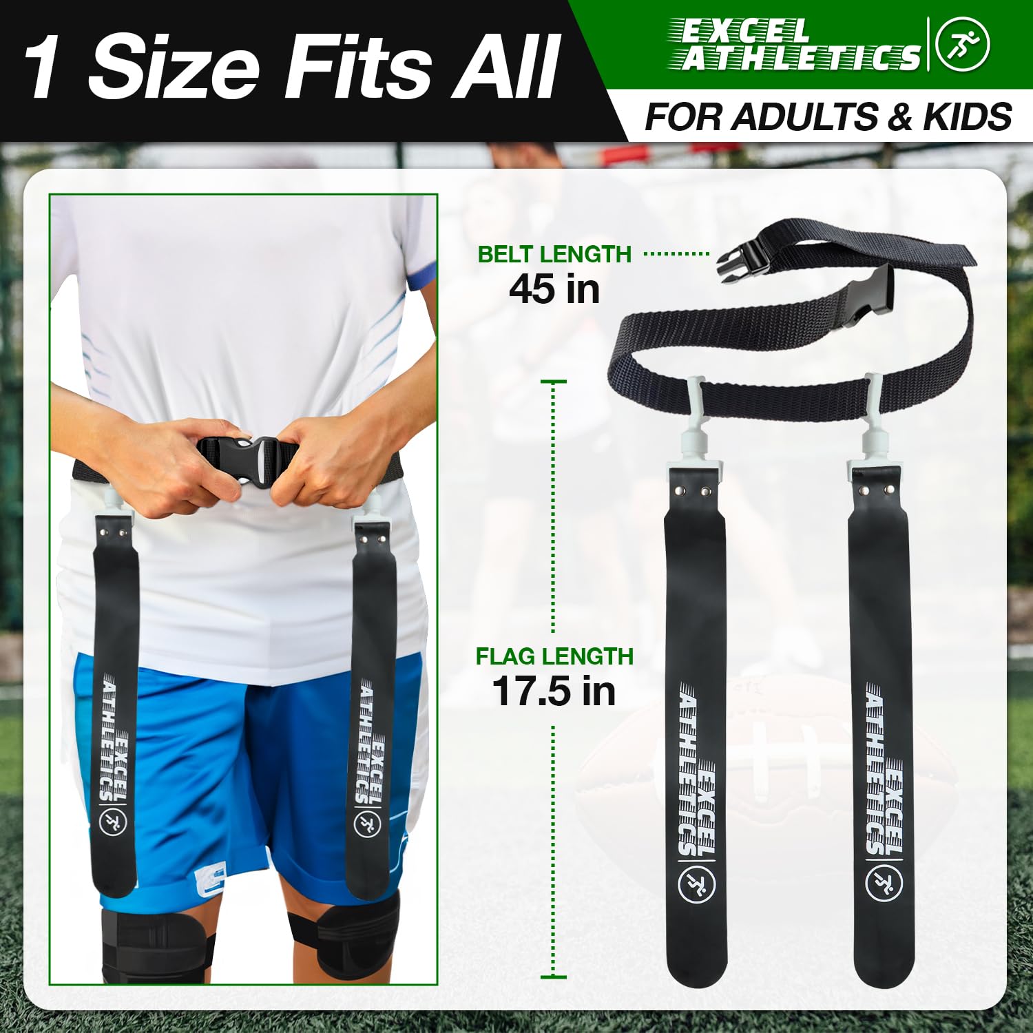 Excel Athletics Adjustable Flag Football Set Youth, Kids & Adult with 14 Player Belts & 28 Football Flags (Black & White)