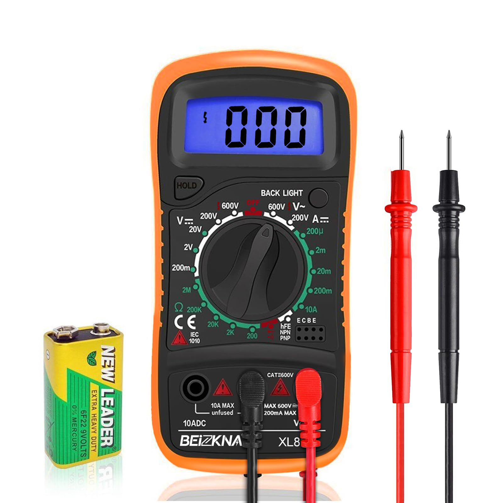 Beizkna Digital Multimeter Voltmeter Battery Voltage Multi Tester AC DC Volt OHM Amp Current Meter Continuity Circuit Resistance Diode Ammeter Electrical Tester with Test Leads Backlight LCD Display