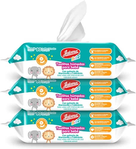 Miniatura 2 de JALOMA Toallitas para bebés con extracto de manzanilla y caléndula, hipoalergénicas y sin parabenos, paquete de 3, 80 unidades cada una