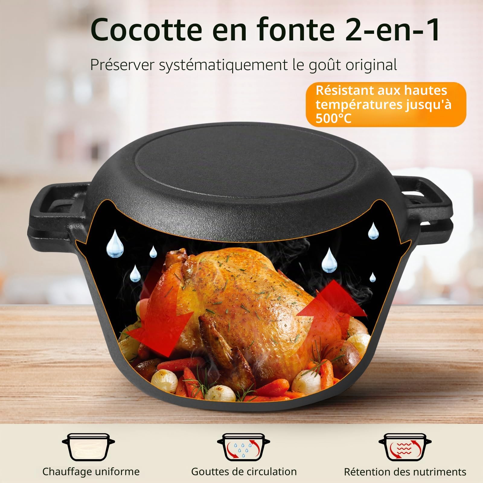 Casserole en fonte de 4,5 l - Couvercle tout-en-un - Idéale pour la cuisson du pain, le ragoût et la cocotte - Compatible avec induction, gaz, camping, feu, barbecue et barbecue - 26 cm