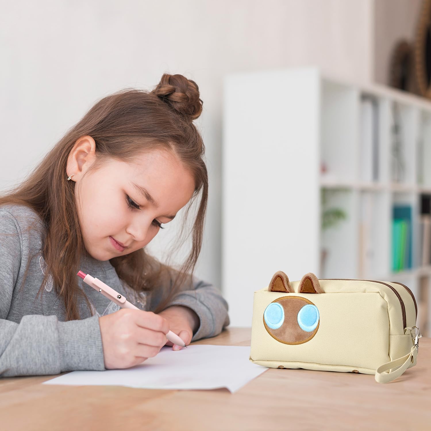 Hongdian Large Capacity Pencil Case Cat Design for Office College School Tan, 1 Count (Pack of 1), Pouch - Image 4