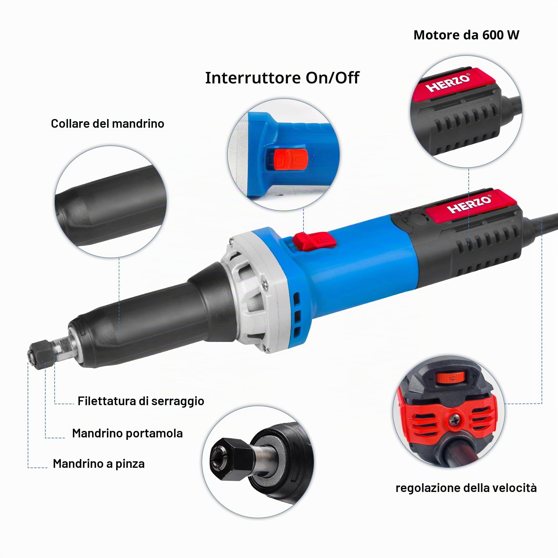 HERZO Smerigliatrice Diritta 600W, Utensile Rotativo Elettrico a Velocità Variabile 0–31000 giri/min, Pinza Ø6mm/8mm, Ideale per Levigare, Lucidare, Incidere e Pulire