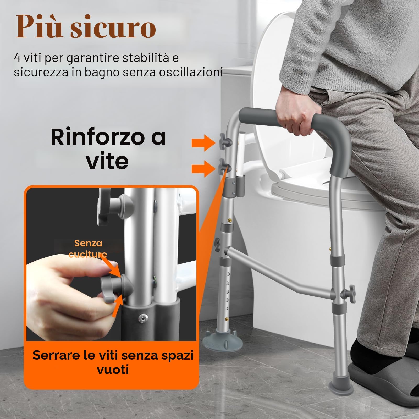DePango Binari di sicurezza per WC, sedile WC regolabile con maniglie sopra il WC, robuste maniglie per WC per anziani e disabili, telaio stabile con bracci per anziani