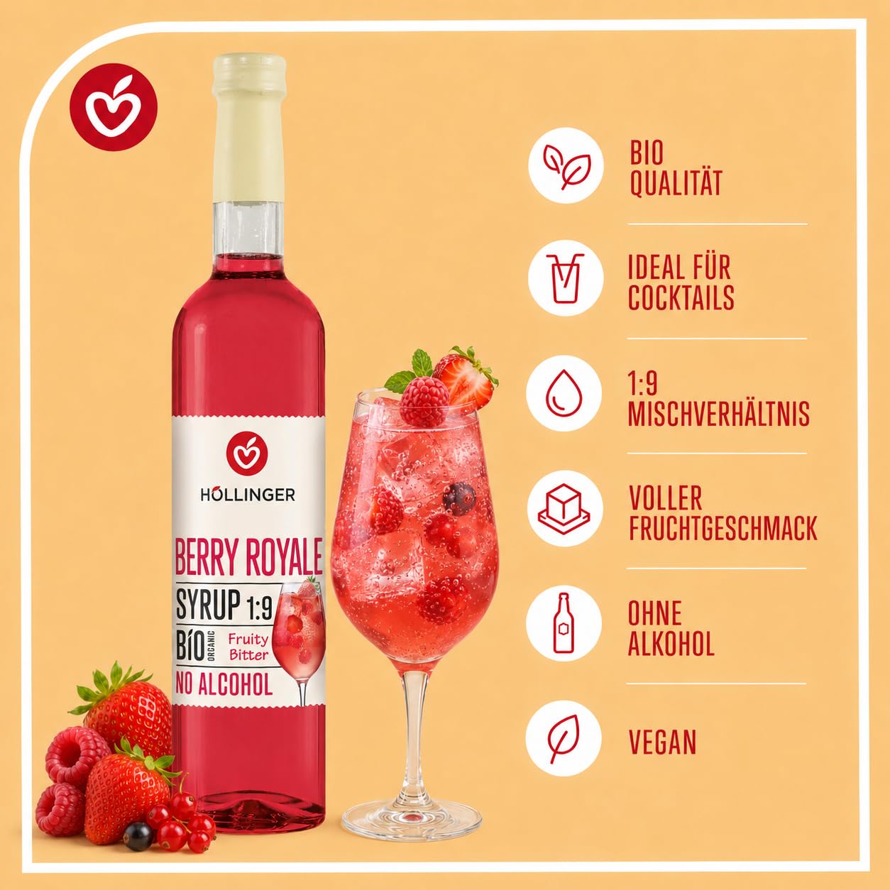 Höllinger Bio Cocktail Party Mixbox alkoholfrei, 6 Sorten Sirup in Glasflaschen, Mojito, Aperitivo, Limoncello, Bellini, Berry Royale & Strawberry Daiquiri, vegan, 6 x 0,5 l