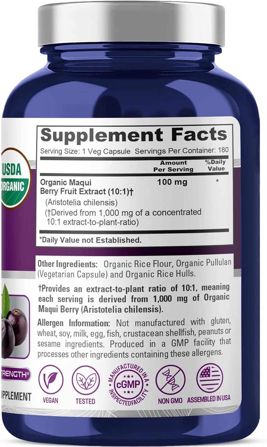 NusaPure USDA Organic Maqui Berry 10:1 Extract, 100 mg Equivalent to 1,000 mg 180 Veg Caps Suitable for Vegetarians and Vegans, Non-GMO - Image 2