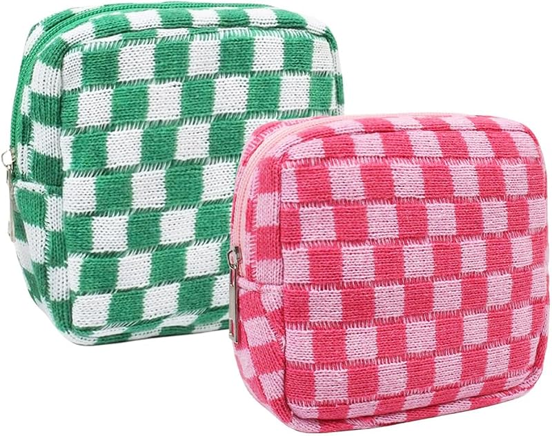 FFpaw Pacote com 2 necessaires de maquiagem pequenas xadrez, com zíper, rosa e verde
