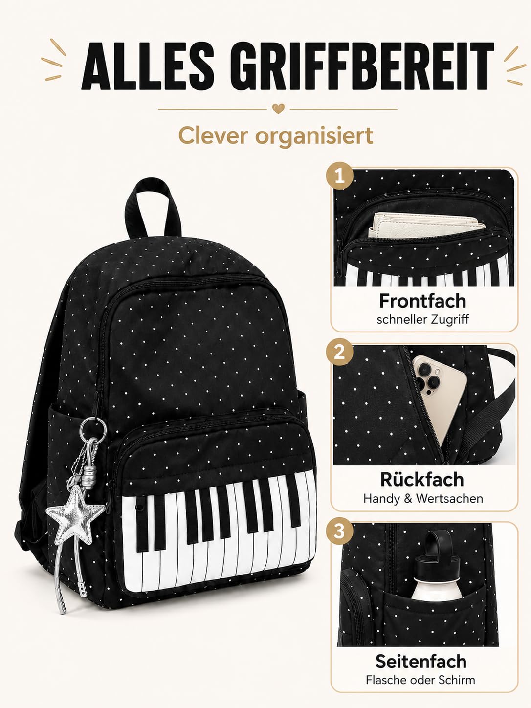 Piano Casual Rucksack, Polka Dot Music Backpack with Star Charm, Large Capacity Laptop School Bookbag for Women Girls College Travel (Schwarz+Weiß)