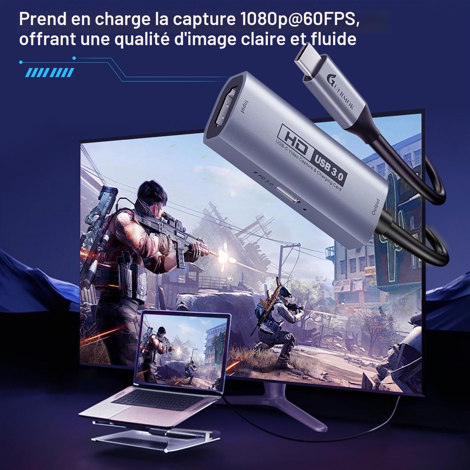 Guermok Carte de Capture vidéo USB 3.0 avec PD 100W, 1080P@60FPS HDMI vers USB-A/C, avec Adaptateur Type-C, pour Le Streaming sur Quest 3 / Pad/MacOS/Switch2/1/ PS 4/5, Argent