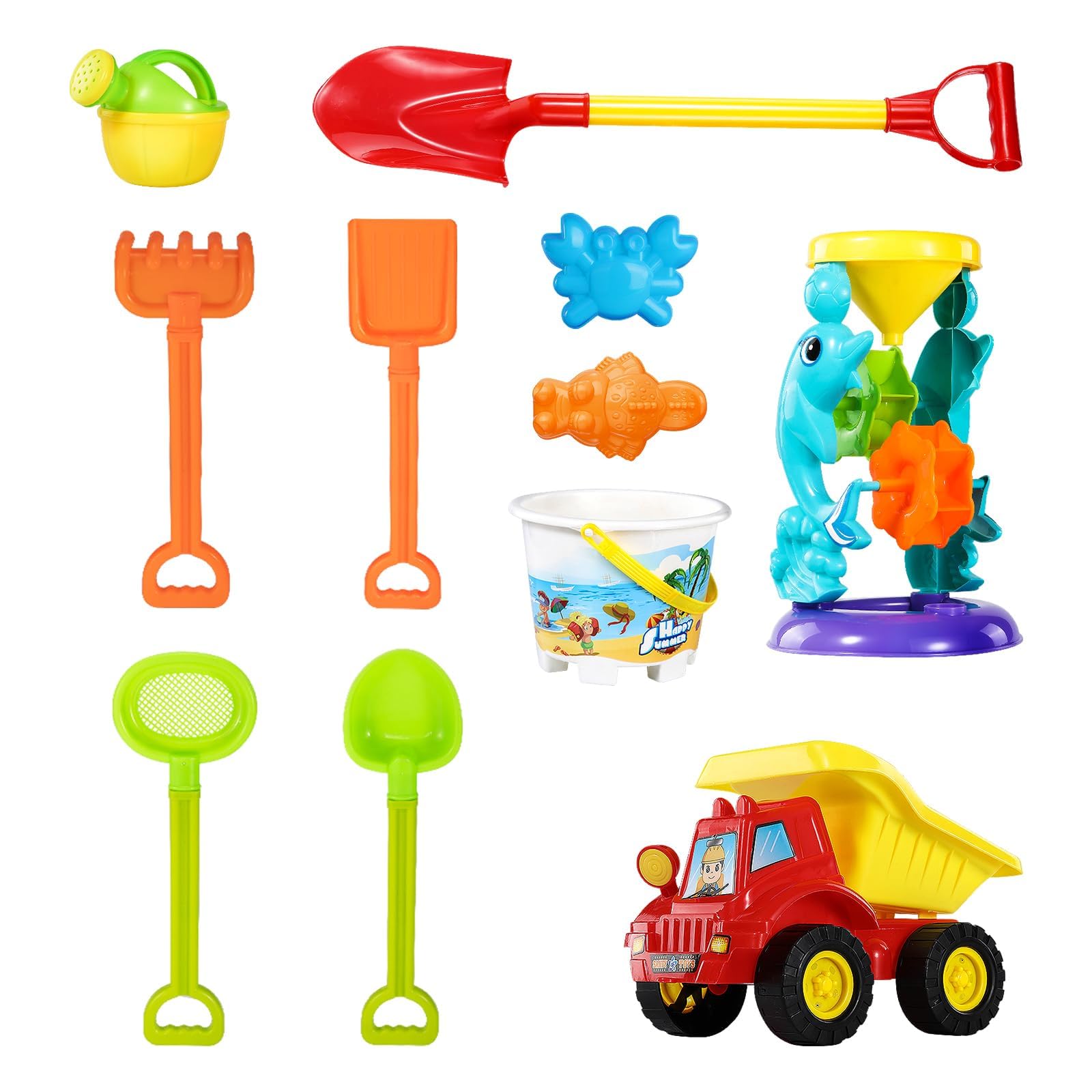 TEMI Beach Sand Toys for 3 4 5 6 7 Year Old Boys w/Water Wheel, Dump Truck, Bucket, Shovels, Rakes, Watering Can, Molds, Outdoor Tool Kit for Kids, Toddlers, Boys and Girls