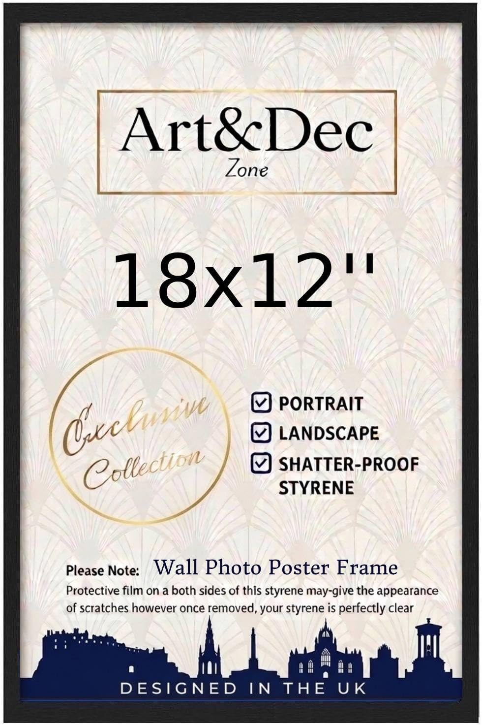 Art & Dec Zone® Sleek Black MDF Picture Frame 18x12 Inch – High-Clarity Shatter-Proof Acrylic Poster Holder for Modern Wall Decor