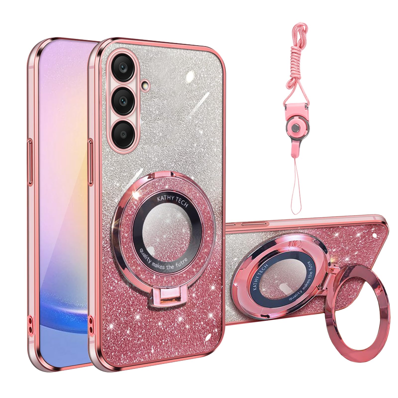 Photo 1 of for Galaxy A25 5g Phone Case, Samsung A25 5g Case Soft TPU Plating Bling Clear for Women Shockproof with Ring Kickstand [Glitter Card & Wrist Strap] Protection Cover for a25 (Glitter Pink)