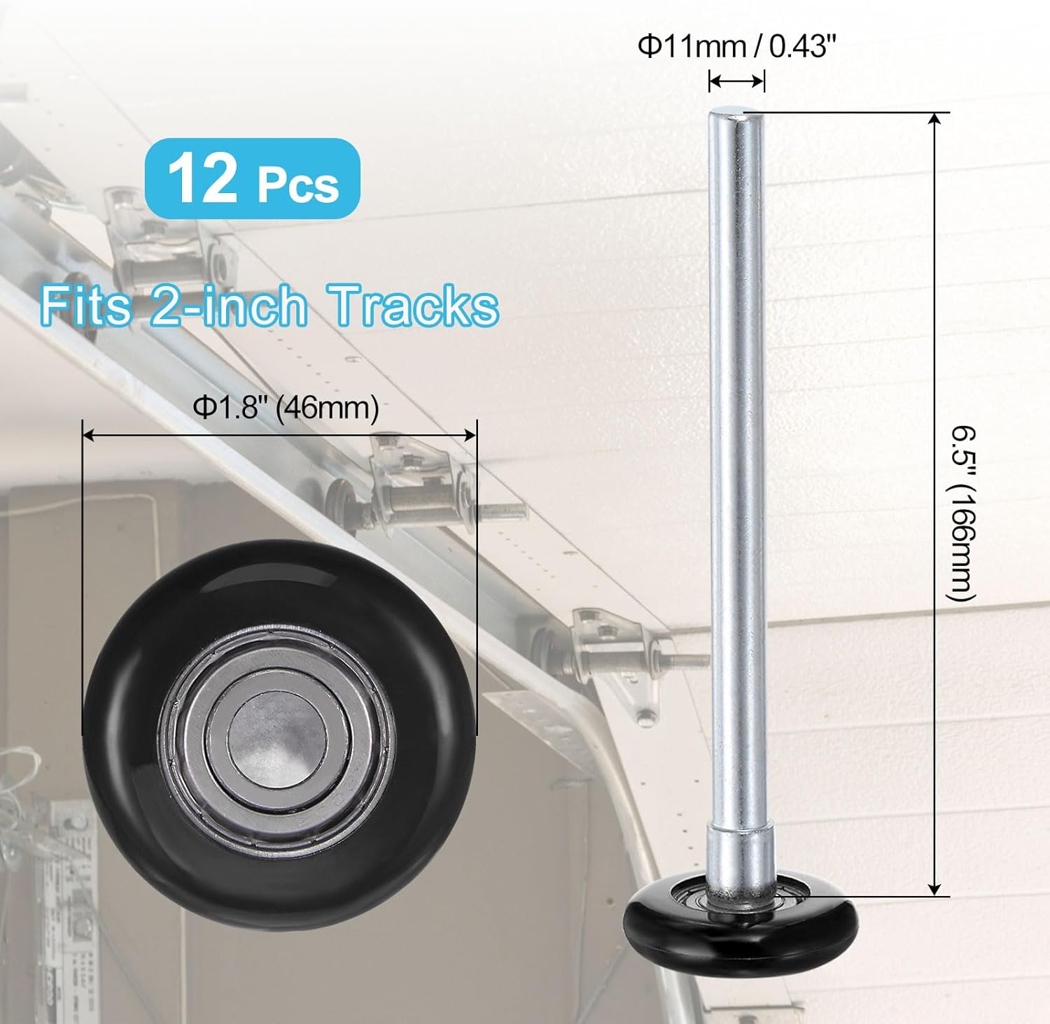 uxcell 12pcs 1.8" Nylon Garage Door Rollers for 2" Garage Track, 6.5" Long Stem Quiet Garage Door Wheels, 6200zz Precision Bearing 8 Balls, Black