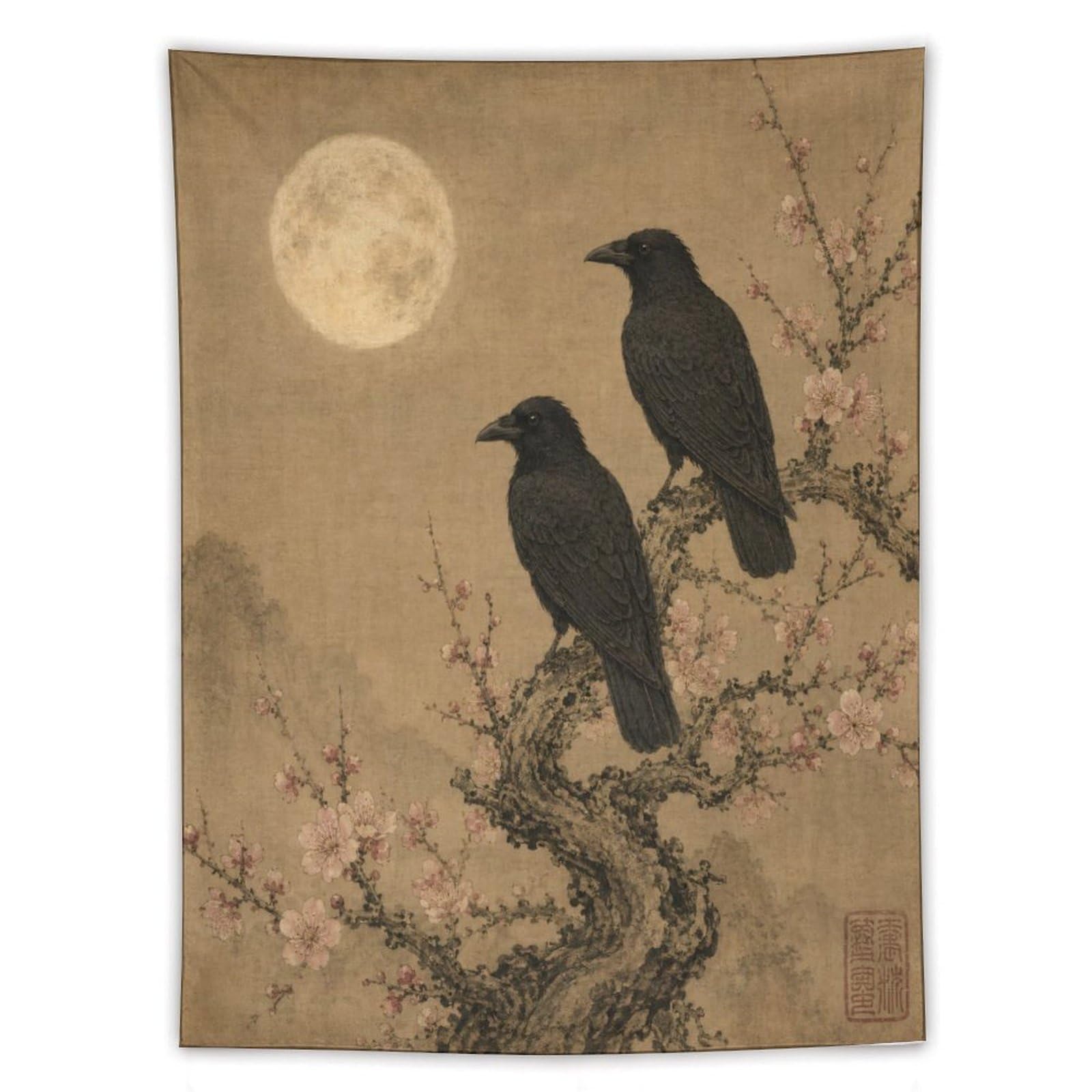 H3B8U2Y5 Two Ravens on Moonlit Branch Wall Tapestry, Asian Ink, Bed