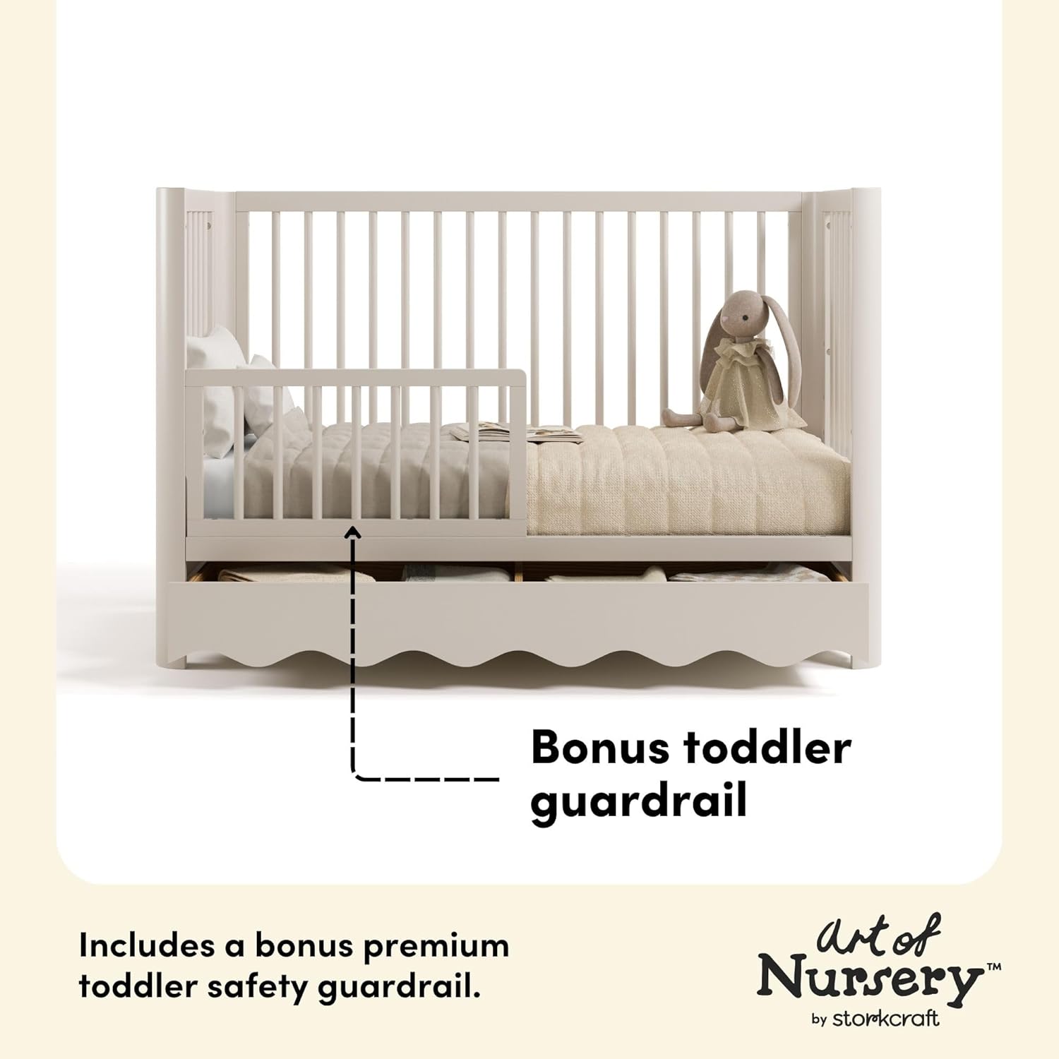 Storkcraft Casablanca Convertible Crib with Drawer and Toddler Guardrail (Frosted Oat) – GREENGUARD Gold Certified, Toddler Bed Conversion Kit Included, Fits Standard Crib Mattress, Crib with Storage
