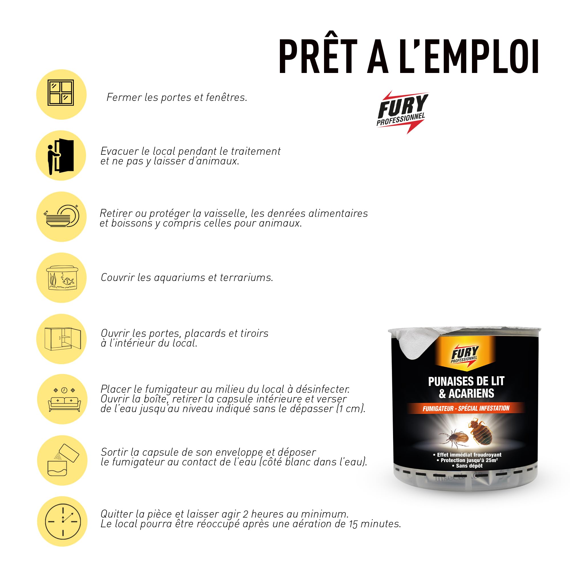 FURY - Fumigateur punaises de lit & acariens - Diffuseur spécial infestation - Effet immédiat - Protection jusqu'à 25m² - Sans gaz propulseur - Sans traces - Fabrication Française
