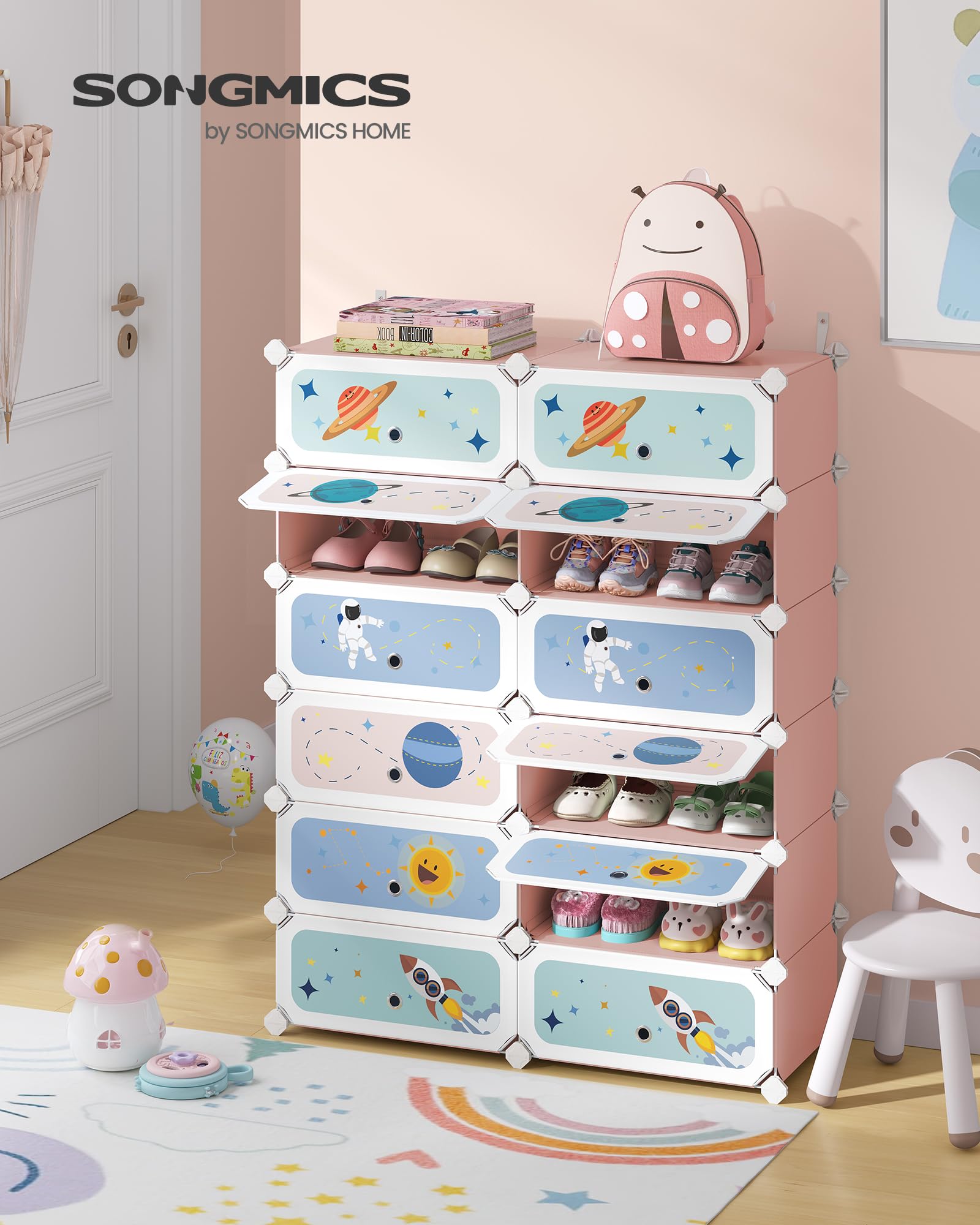 SONGMICS LPC907R01 Étagère modulaire à 12 Cubes en Plastique avec Portes pour vêtements, Chaussures, Jouets 31 x 81 x 106 cm Rose