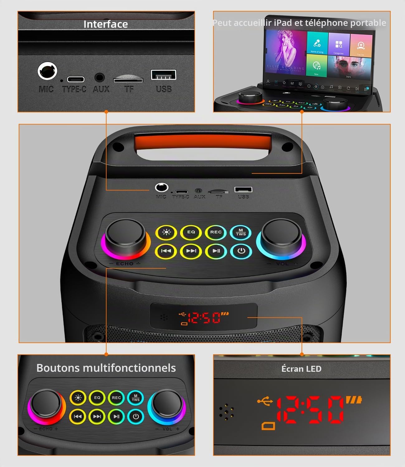 Machine de karaoké pour Adultes avec 2 Microphones,Enceinte Bluetooth Karaoke Professionnel avec Les lumières LED,idéale pour Les fêtes de Famille et Les Cadeaux. Support USB/TF/AUX/MIC/TWS