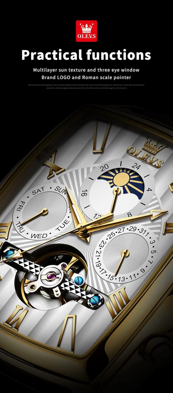 OLEVS Mechanical Dress Mens Watches Square Brown Leather Strap Moon Phase Skeleton Tourbillion Day Date Waterproof Luminous Men's Wrist Watches