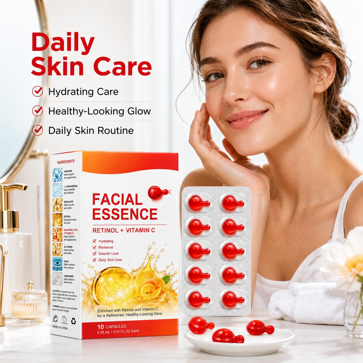 Cápsulas de esencia facial de retinol vitamina C, 40 tiras/4 cajas | Embalaje higiénico de una sola dosis
