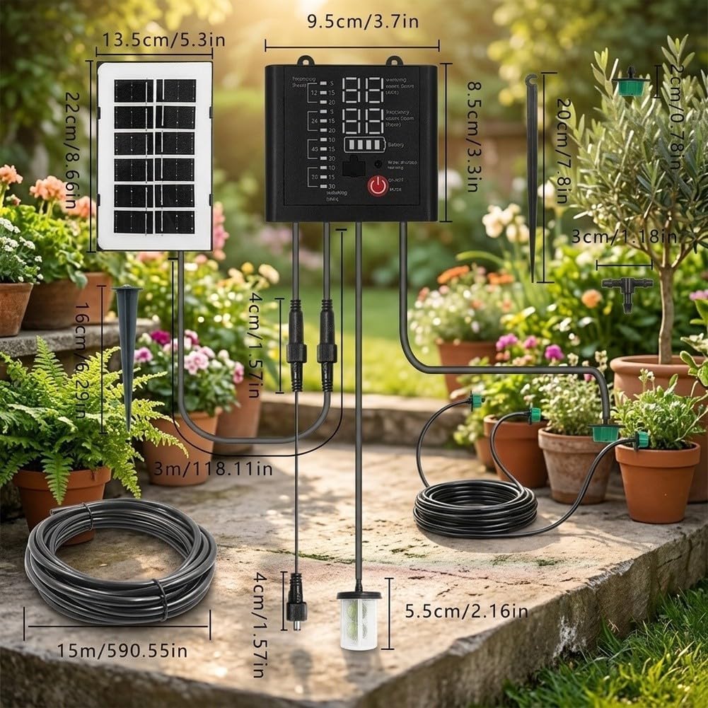Solar Bewässerungssystem Automatisch für Zimmerpflanzen und Garten, Tropfbewässerung Set mit Zeitschaltuhr, IP44 Wasserschutz für Balkonkasten im Urlaub(15 meters)